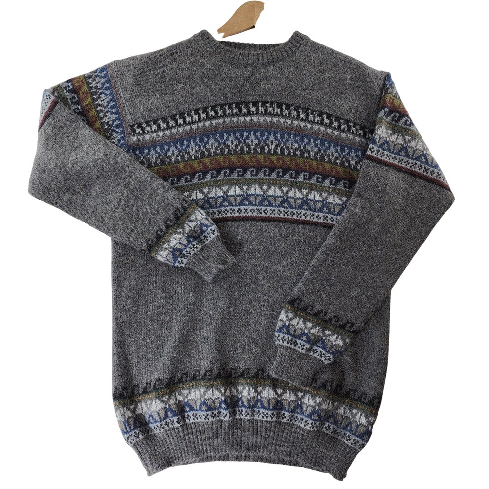 Baby Alpaca Sweater Mens Small Gray Fair Isle Nordic Knit Made Peru Pullover